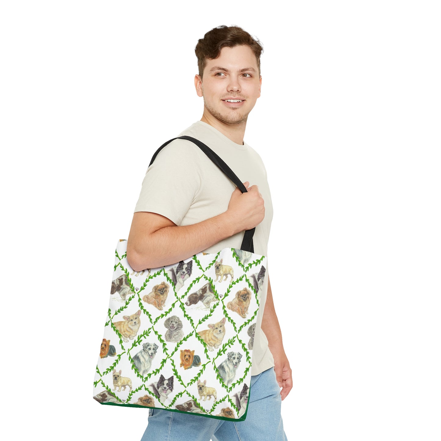 Tote Bag (AOP) - Laurel Dogs_Macro print_Hunter green